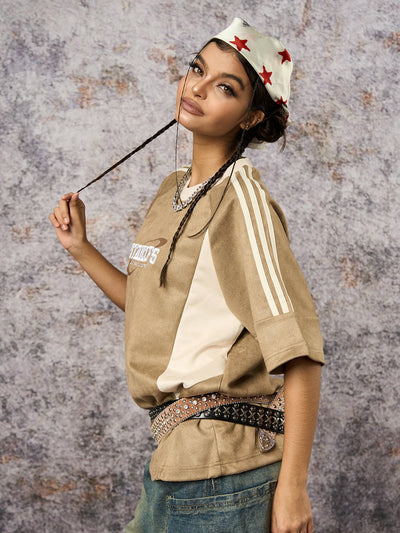 Suede Contrast Color Spliced Letter Embroidery Oversize T-shirt