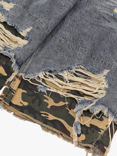 Patchwork Camouflage Ripped Shirt Jorts Denim Suit