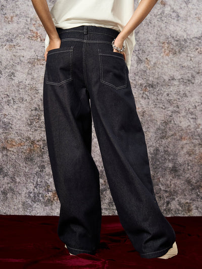 Deconstructed Contrast Stitching Pleated Baggy Barrel Jeans - 2343