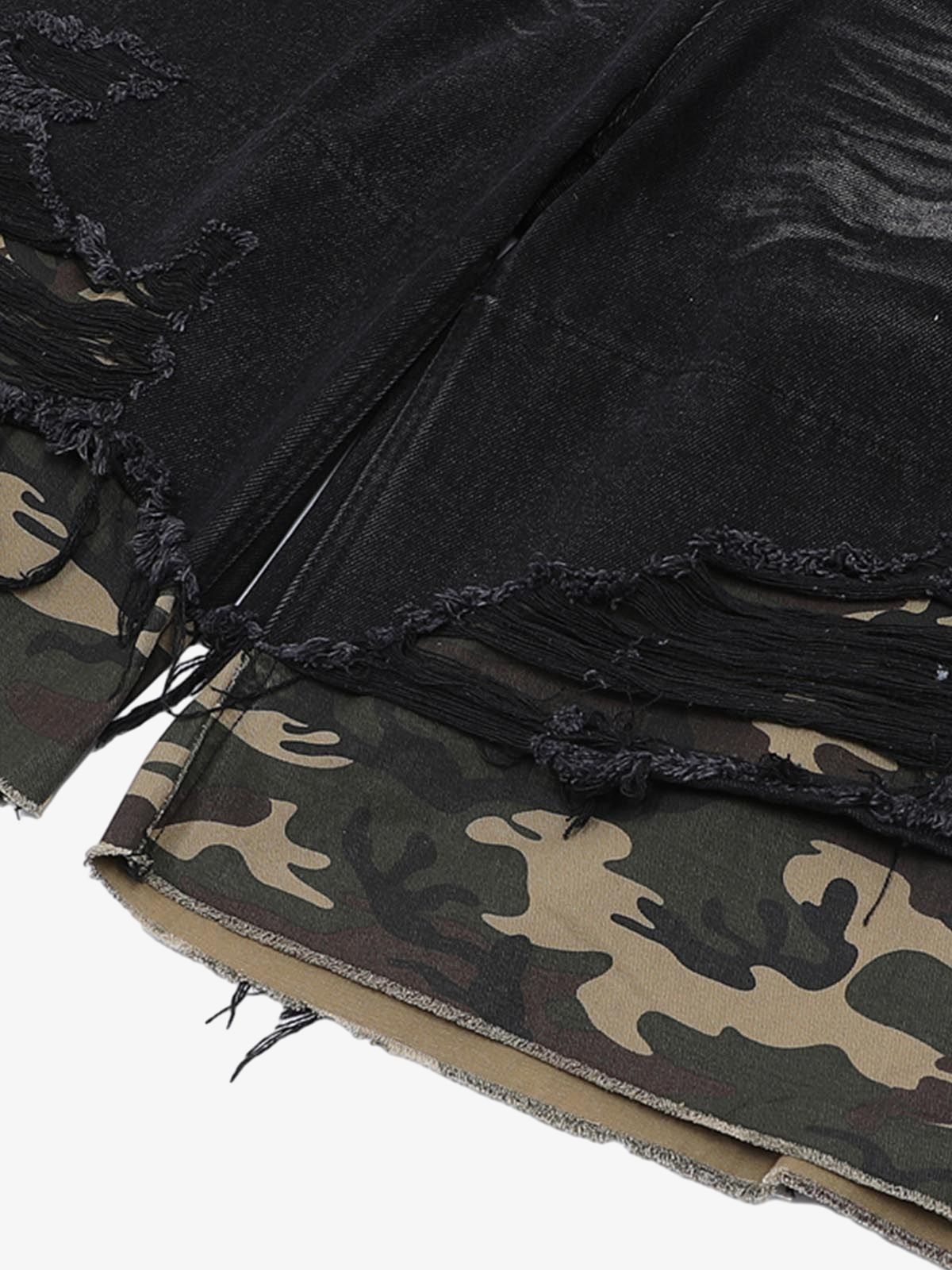 Patchwork Camouflage Ripped Shirt Jorts Denim Suit