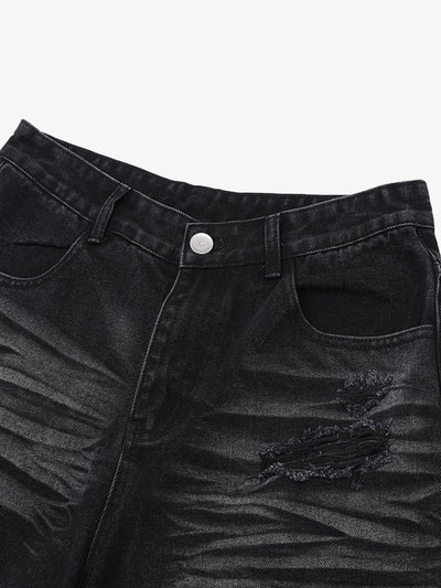 Patchwork Camouflage Ripped Shirt Jorts Denim Suit