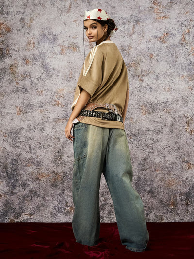 Suede Contrast Color Spliced Letter Embroidery Oversize T-shirt