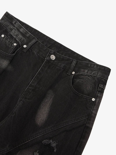 Heavy Washed Ripped Plaid Stitching Hip-Hop Jeans - 2174