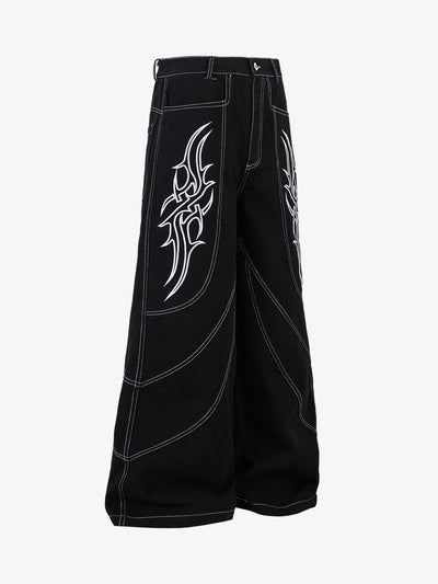 Deconstructed Contrast Embroidered Baggy Jeans - 2330