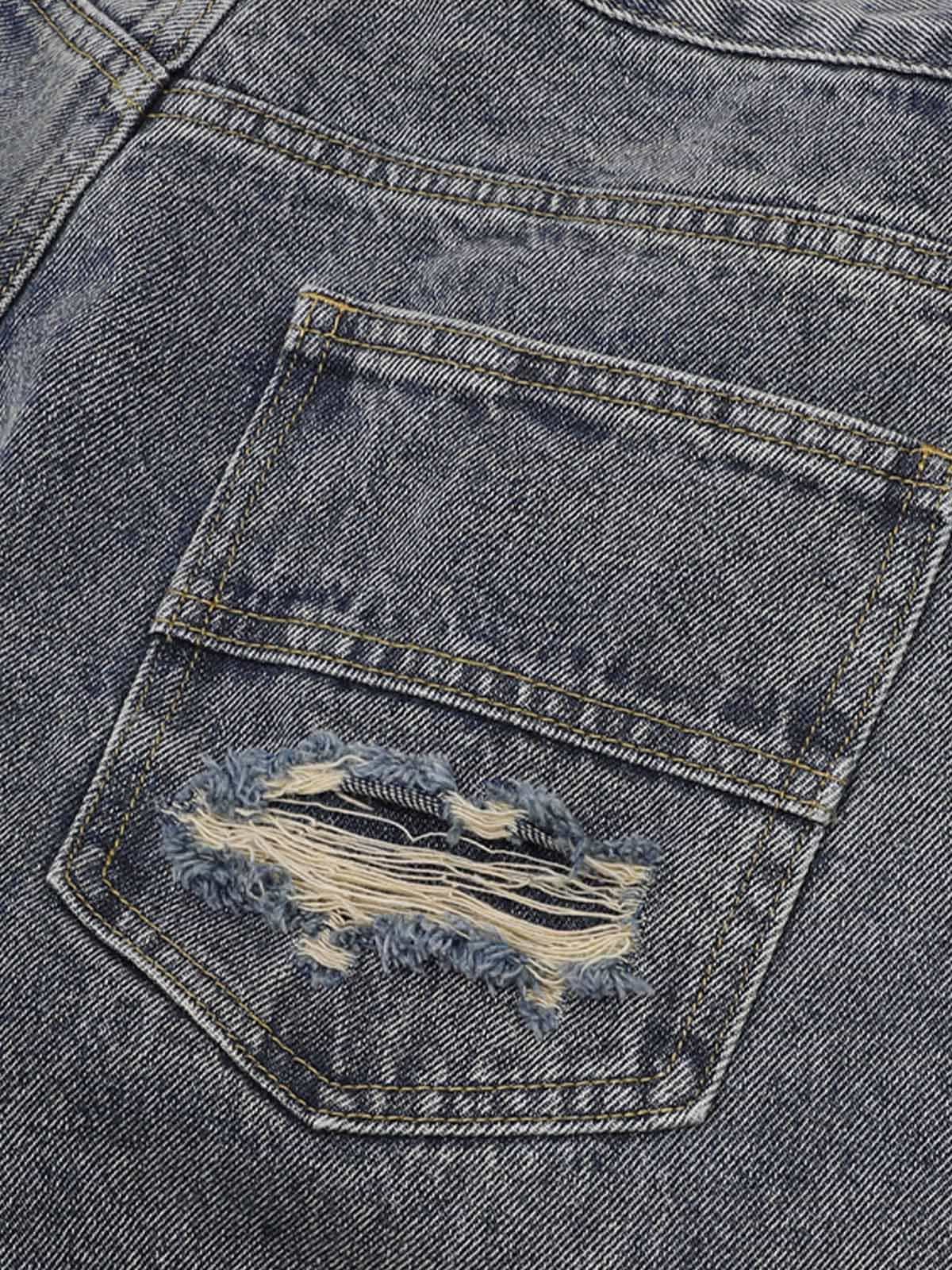 Patchwork Camouflage Ripped Shirt Jorts Denim Suit