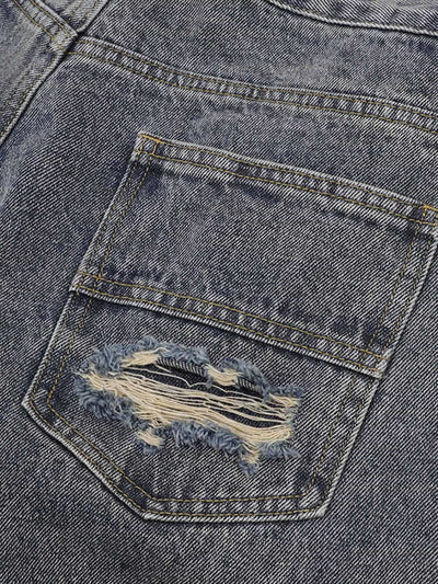 Patchwork Camouflage Ripped Shirt Jorts Denim Suit