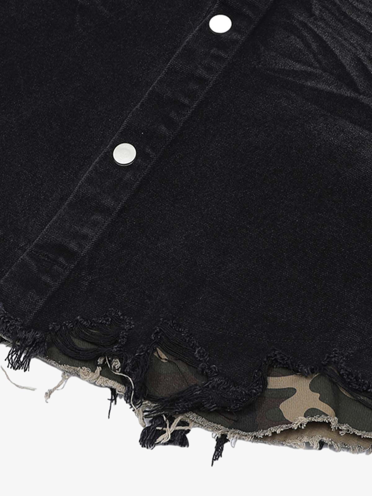 Patchwork Camouflage Ripped Shirt Jorts Denim Suit