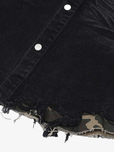 Patchwork Camouflage Ripped Shirt Jorts Denim Suit