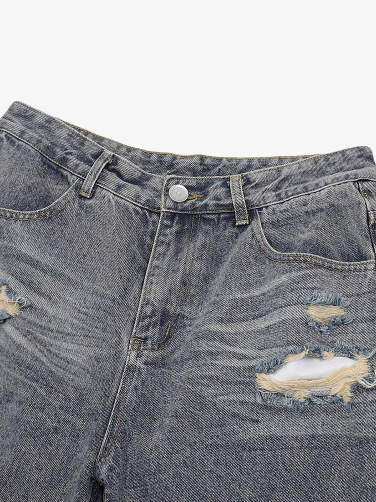 Patchwork Camouflage Ripped Shirt Jorts Denim Suit