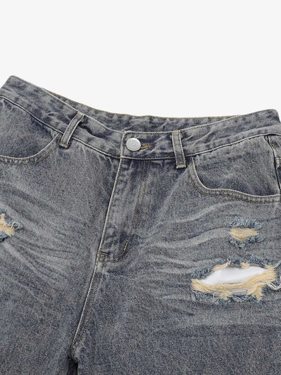 Patchwork Camouflage Ripped Shirt Jorts Denim Suit