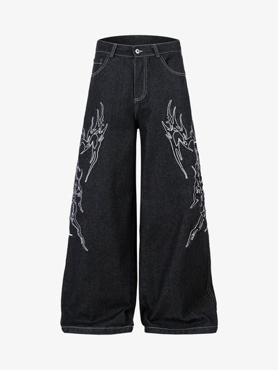 Embroidered Flame Baggy Jeans