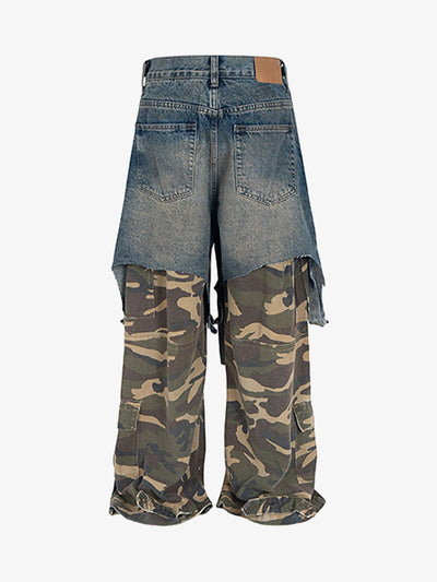 Retro Stitching Faux Two-Piece Camouflage Jeans - 2413