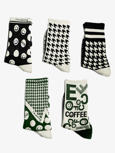 Thousand Birds Check Smiley Face Mid-calf Cotton Socks