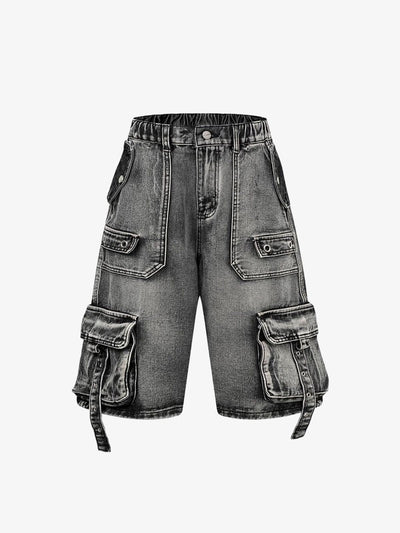 High-Waisted Multi-Pocket Denim Cargo Shorts