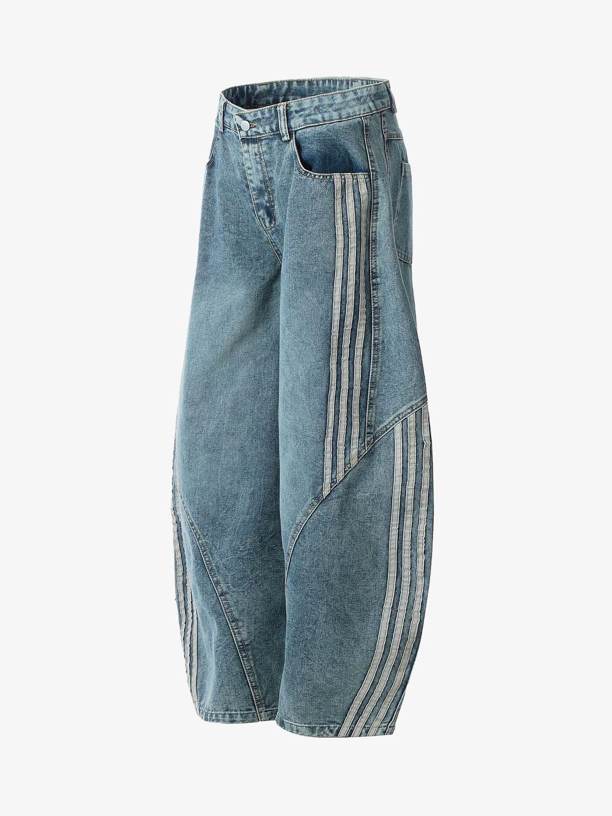 Striped Stitching Barrel Jeans - 2423