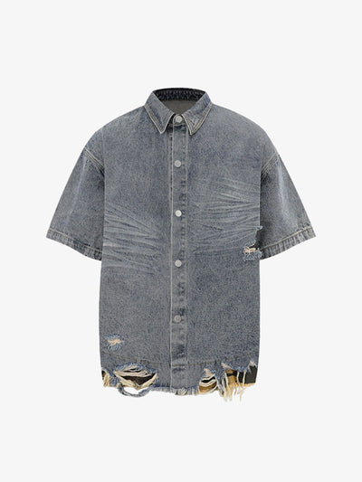 Patchwork Camouflage Ripped Shirt Jorts Denim Suit