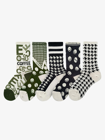 Thousand Birds Check Smiley Face Mid-calf Cotton Socks