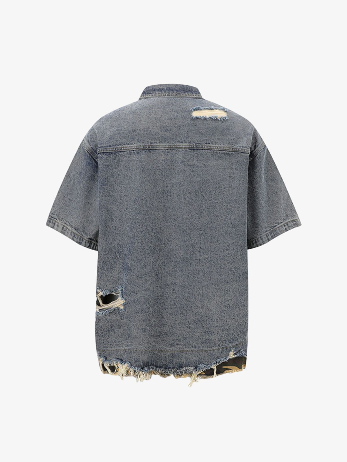 Patchwork Camouflage Ripped Shirt Jorts Denim Suit