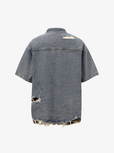 Patchwork Camouflage Ripped Shirt Jorts Denim Suit