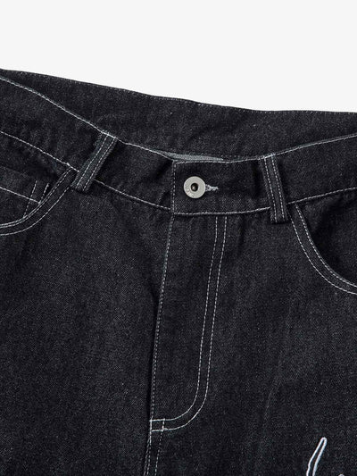 Embroidered Flame Baggy Jeans