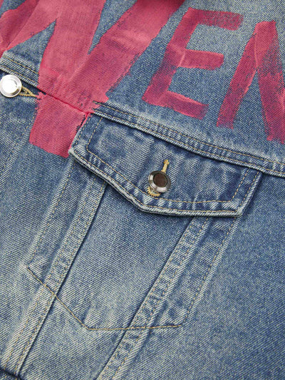 High Street Graffiti Lettered Distressed Washed Denim Jacket