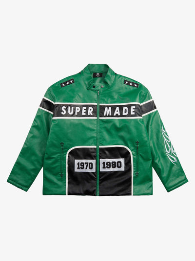 Vintage Biker Style Embroidered Leather Jacket - 1746