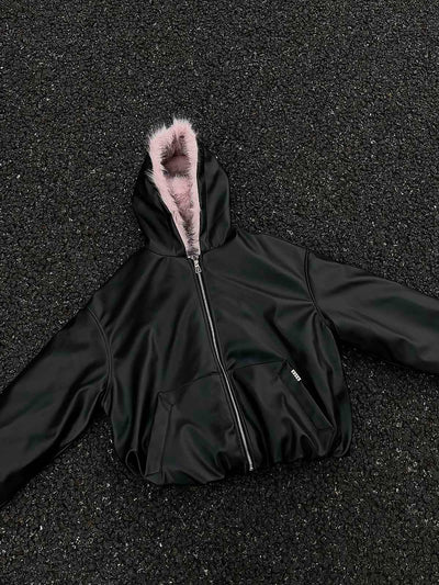 Leather Pink Fur Hooded Quilted Jacket