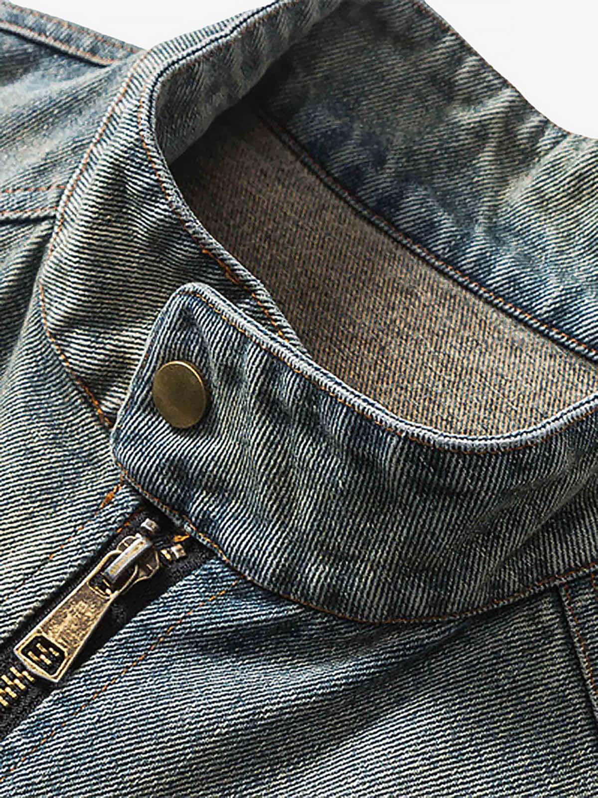 Hip-hop Badge Embroidered Do-over Denim Jacket - 1911