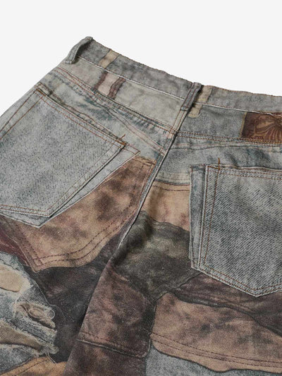 High Street Distressed Washed Printed Jeans - 2246