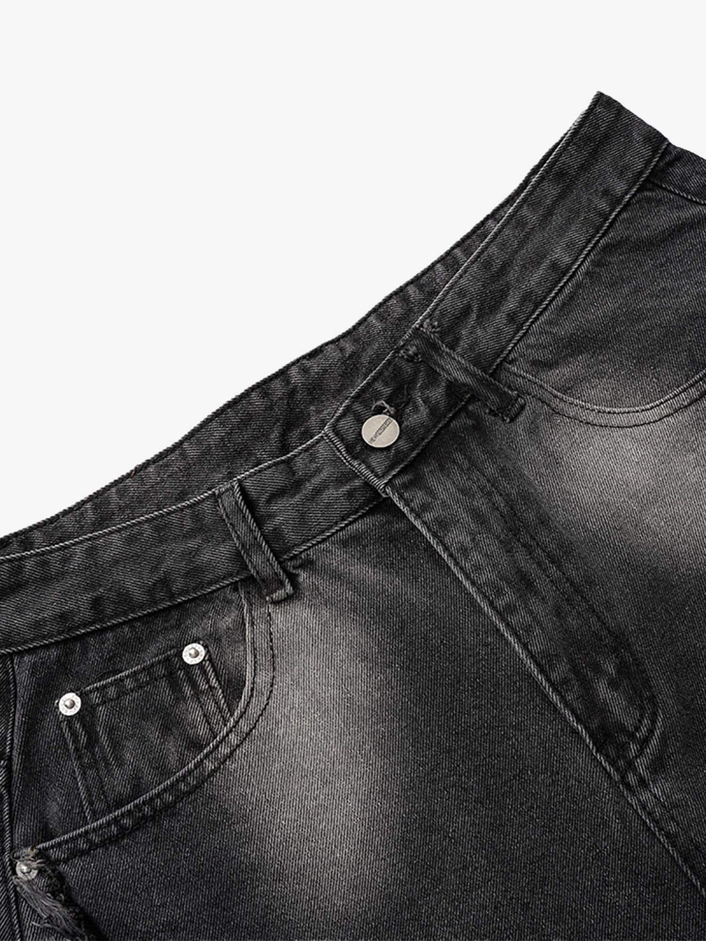 Washed Distressed Raw Edge Barrel Jeans - 2402