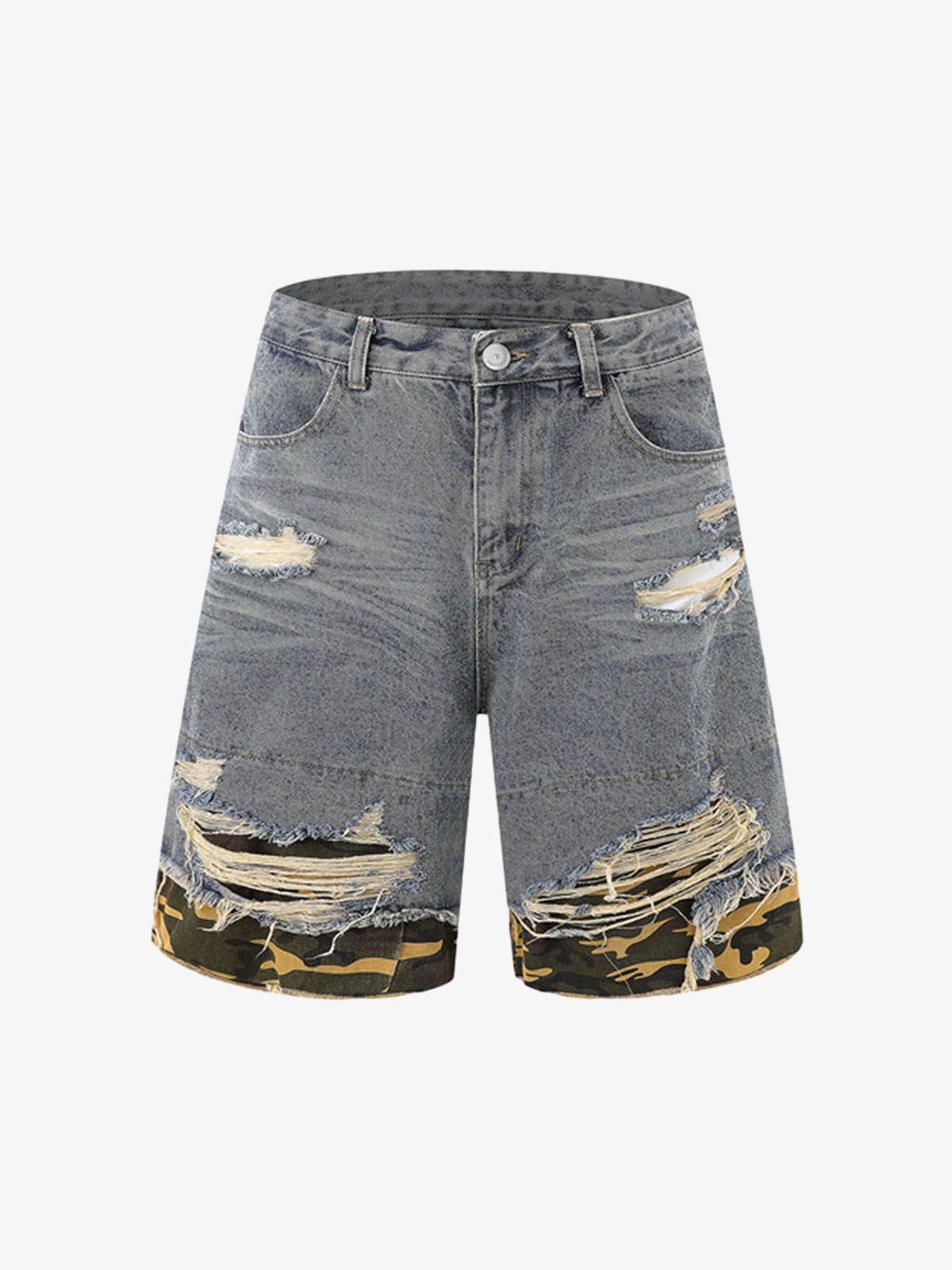 Patchwork Camouflage Ripped Shirt Jorts Denim Suit
