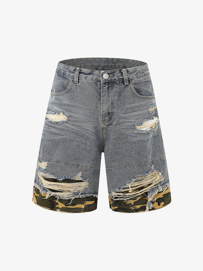 Patchwork Camouflage Ripped Shirt Jorts Denim Suit