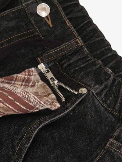 Patchwork Plaid Pleated Baggy Barrel Jeans - 2334
