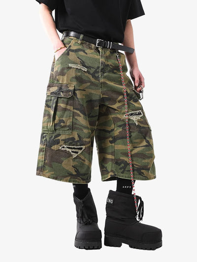 Retro Ripped Camouflage Cropped Jorts - 2387
