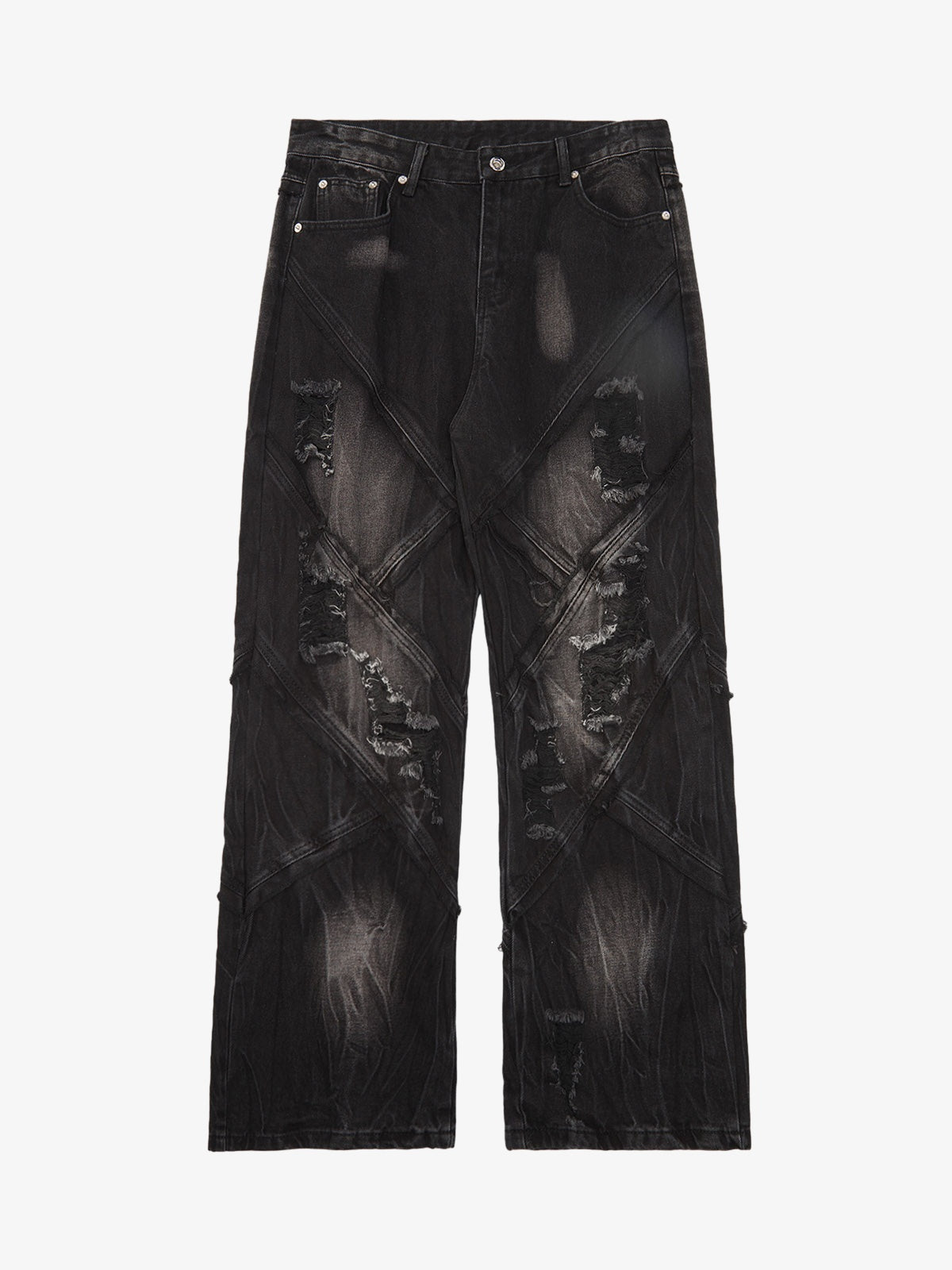 Heavy Washed Ripped Plaid Stitching Hip-Hop Jeans - 2174