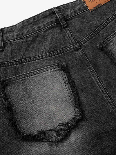 Washed Distressed Raw Edge Barrel Jeans - 2402