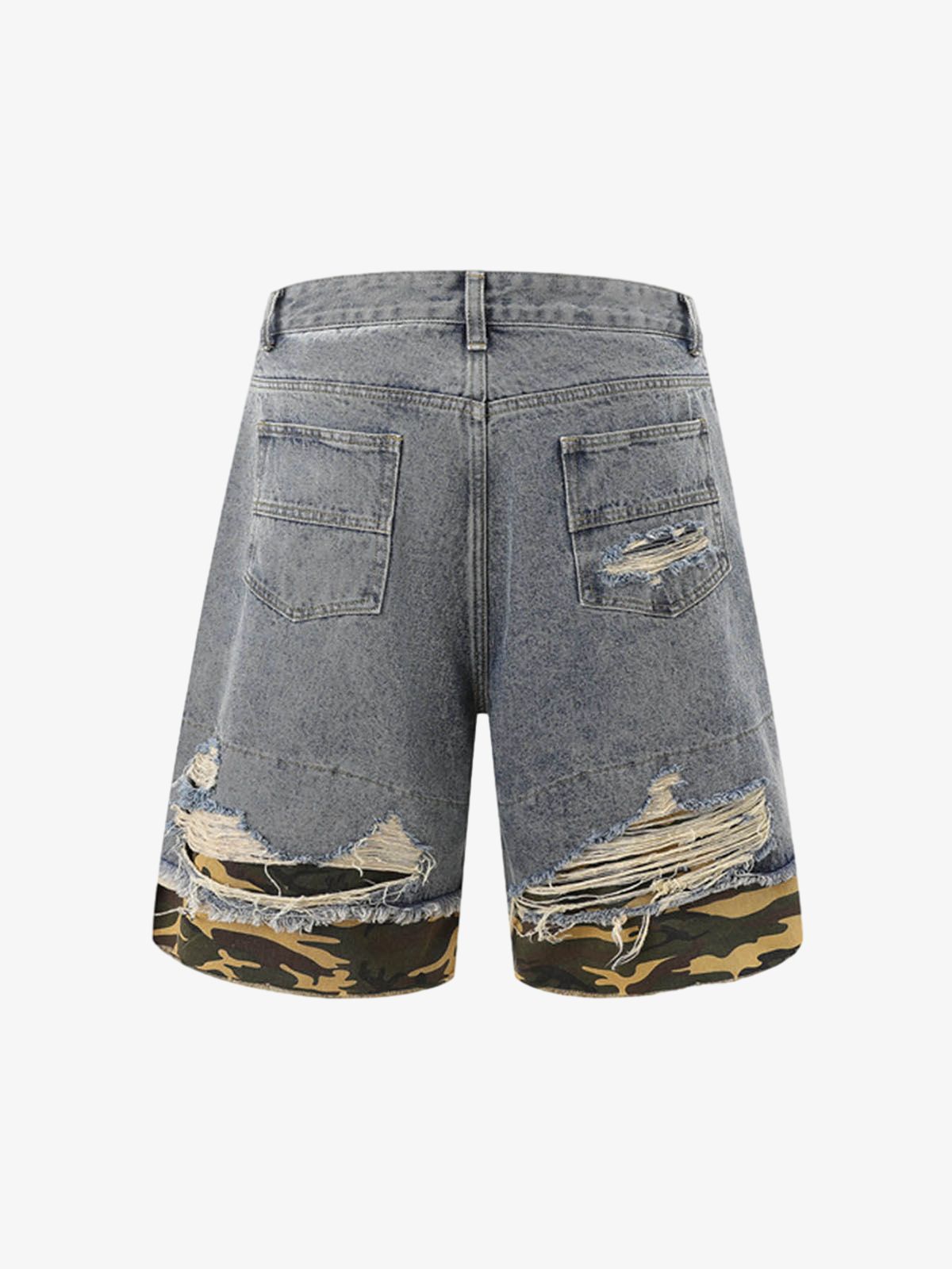 Patchwork Camouflage Ripped Shirt Jorts Denim Suit