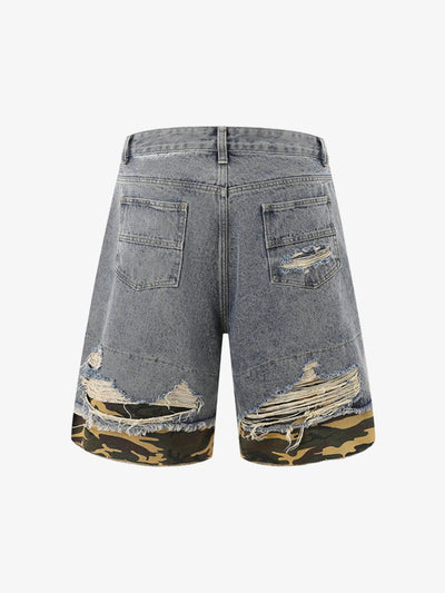 Patchwork Camouflage Ripped Shirt Jorts Denim Suit