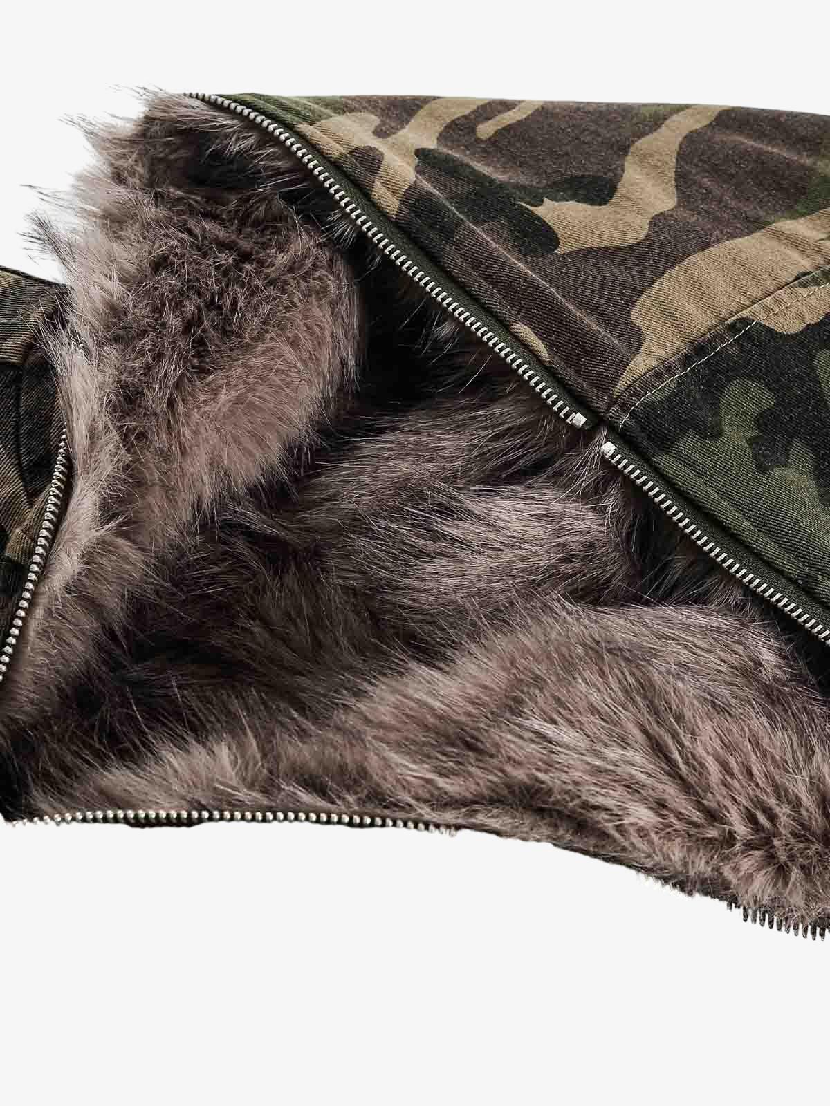Camouflage Fur Collar Hooded Quilted Jacket