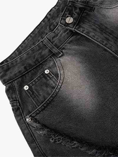 Washed Distressed Raw Edge Barrel Jeans - 2402