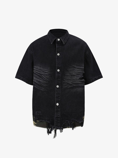 Patchwork Camouflage Ripped Shirt Jorts Denim Suit