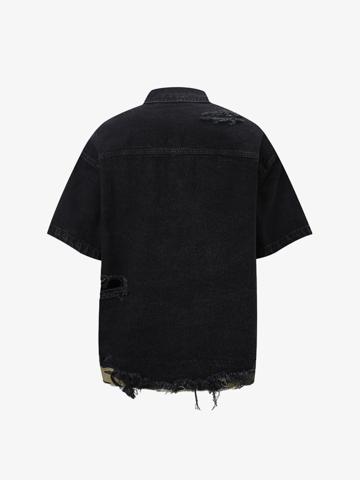 Patchwork Camouflage Ripped Shirt Jorts Denim Suit