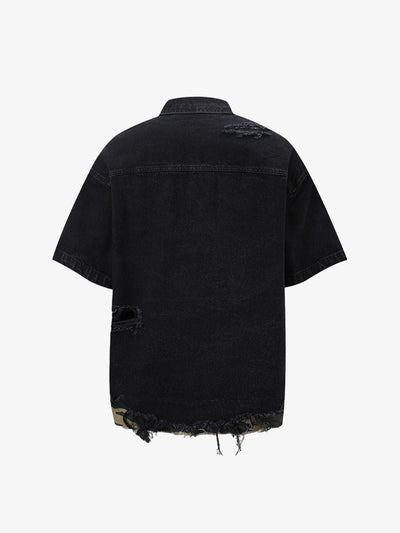 Patchwork Camouflage Ripped Shirt Jorts Denim Suit