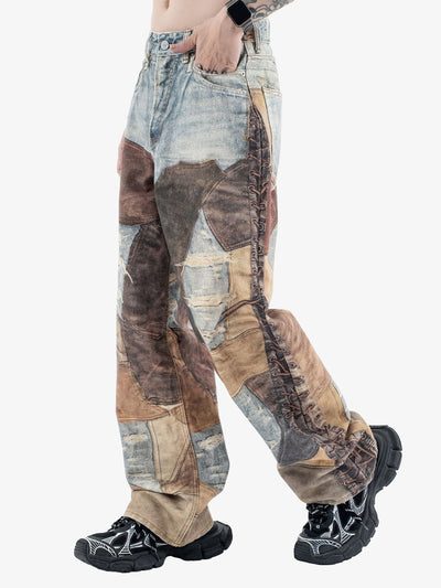 High Street Distressed Washed Printed Jeans - 2246