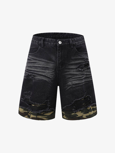 Patchwork Camouflage Ripped Shirt Jorts Denim Suit